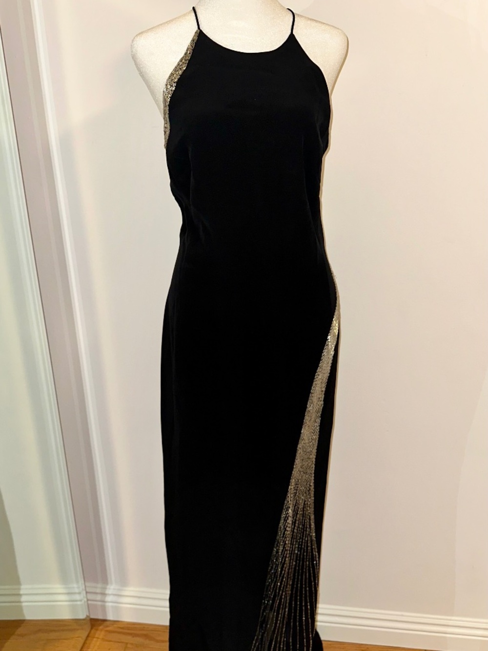 Black Beaded Detail Silk Evening Gown